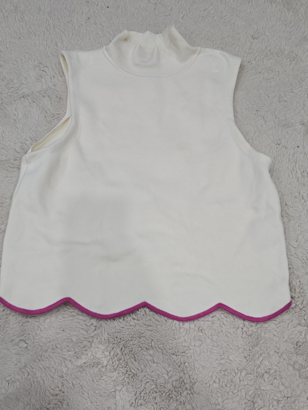 Maeve Cream Sleeveless Mock Neck Top with Pink Scalloped Hem